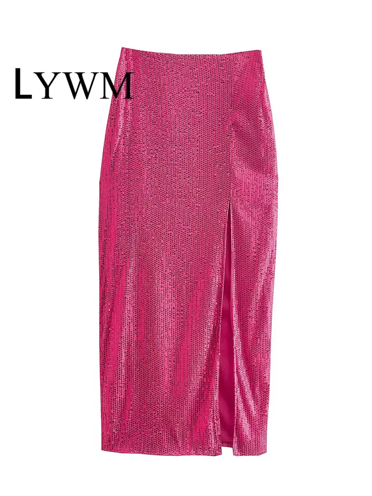 

LYWM Women Fashion With Sequined Solid Front Slit Side Zipper Midi Skirt Vintage High Waist Female Chic Lady Skirts