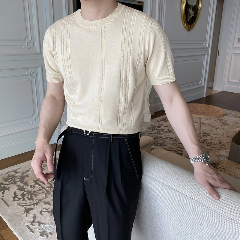

2022 Summer High Quality O Neck Knitted T-Shirts Men Clothing Slim Fit Casual Short Sleeve Tee Shirt Homme Streetwear Tees C04
