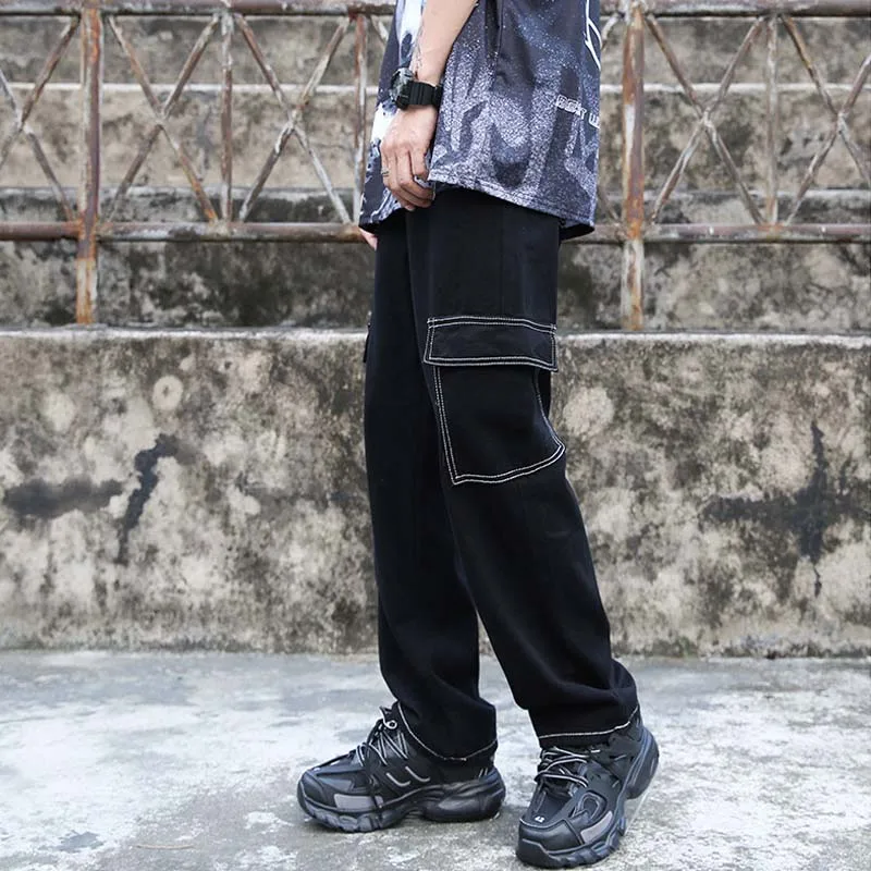 Mens Baggy Pants Cargo Jeans Korean Men Fashion Large Pocket Open Line Jeans Loose Straight Fashion Lace up Men's Wide Leg Pants