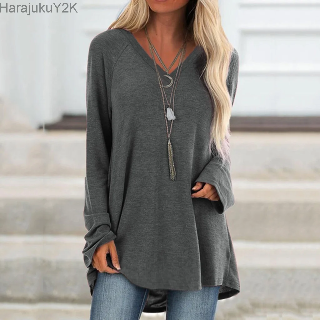 

Women Loose Baggy T-Shirt Autumn Long Sleeve V Neck Pullover Jumper Spring Casual Tunic Solid Stylish Streetwear Tops Plus Size