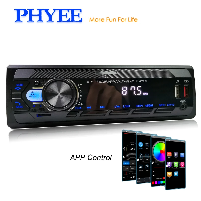 1 Din รถวิทยุบลูทูธ USB MP3เครื่องเล่นฟรี A2DP APP ควบคุมชาร์จ USB TF AUX ISO เสียงระบบหัว PHYEE M11