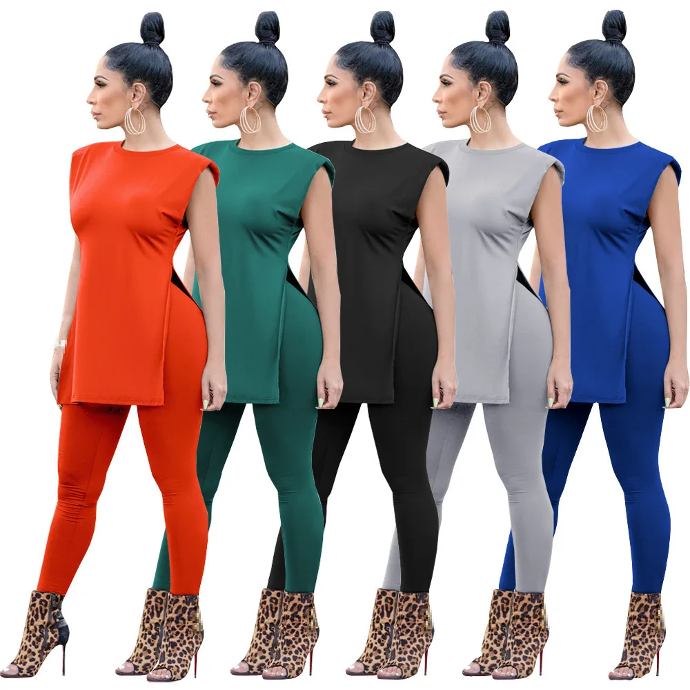 

Summer European and American Women's Plain Color Shoulder Pads Loose Split Two Sets