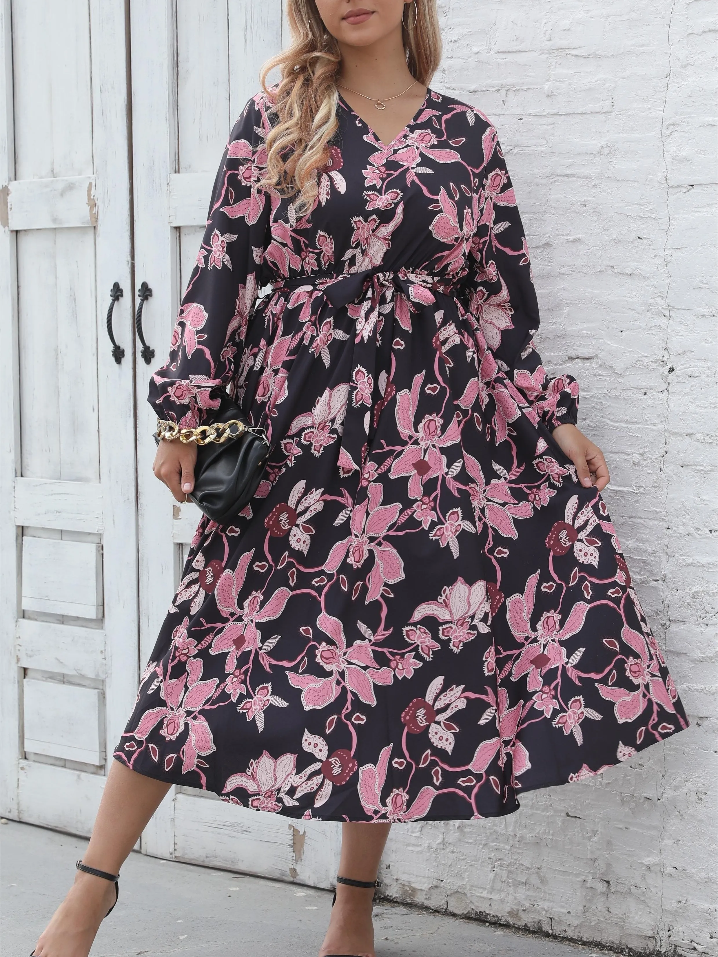 Женское платье с длинным рукавом и принтом Осень-зима