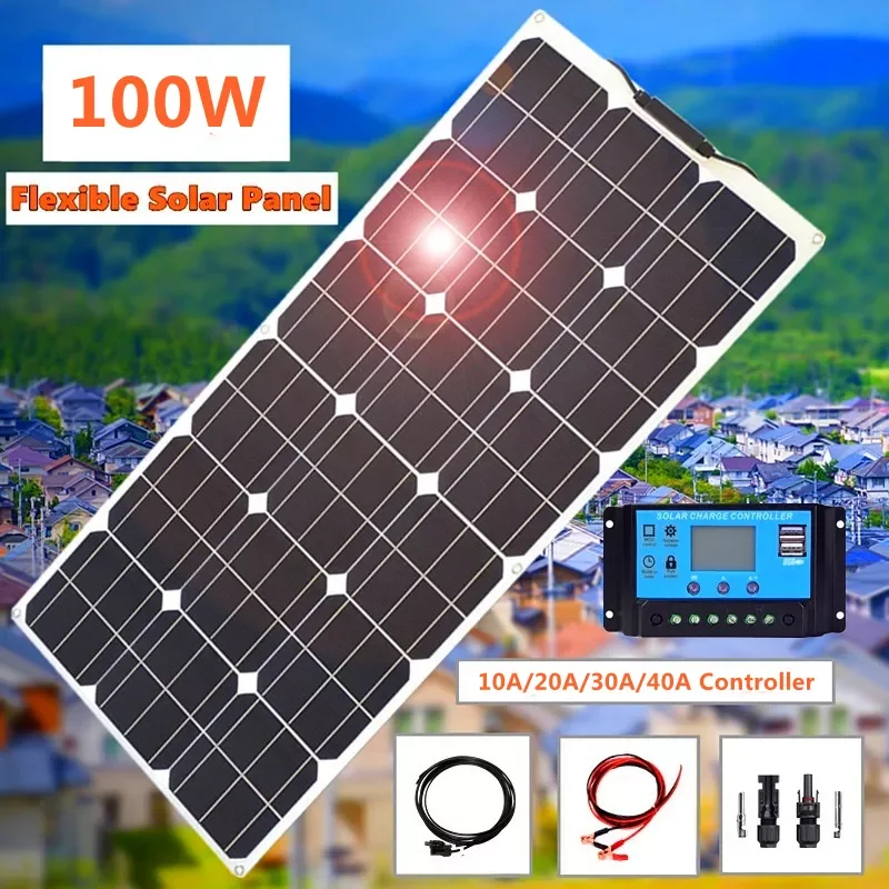 

18 Volts 100 Watts Solar Panel Flexible 100W 200W Kit Monocrystalline Silicon Solar Cells 12V 24V Battery Charger For RVs Boat