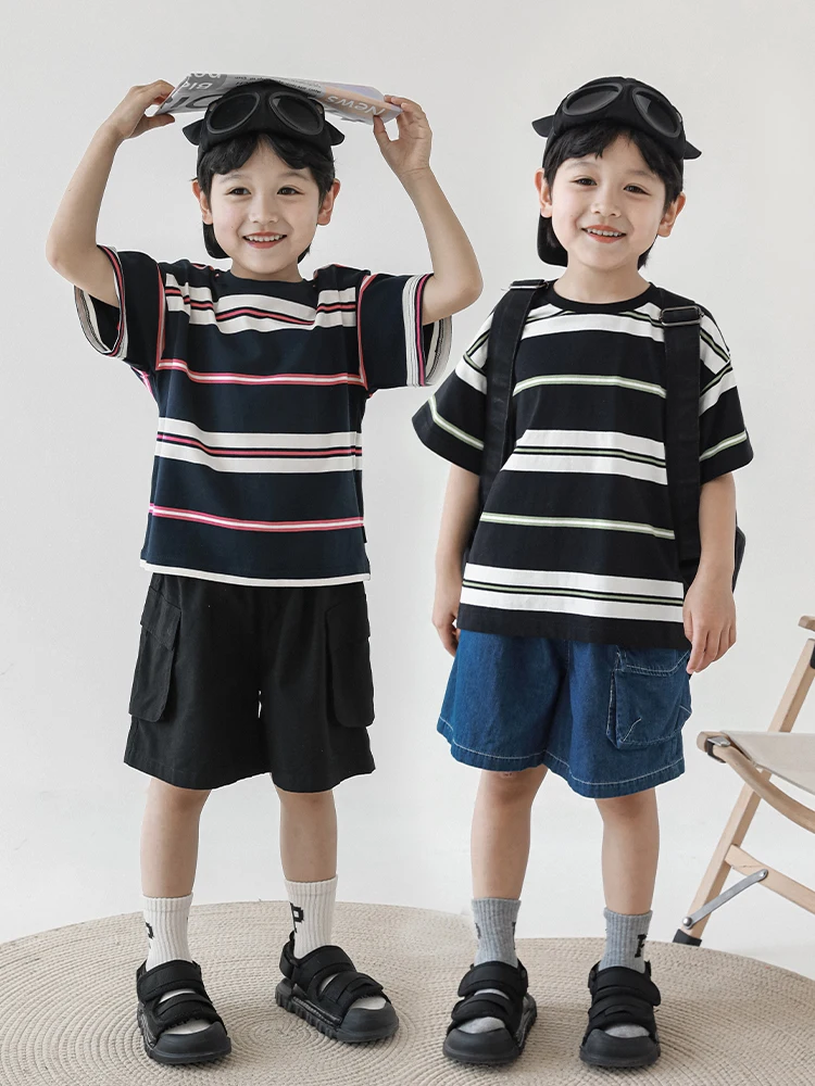 

Летняя простая модная свободная футболка в полоску с круглым вырезом и коротким рукавом для мальчиков, новинка 2023, Детский Повседневный Топ