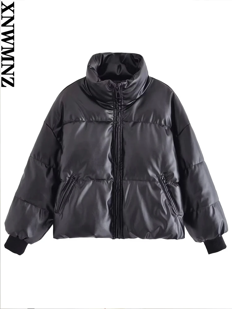 XNWMNZ 2022 Women Fashion Faux Leather PU Cotton Jacket Woman Winter Coat Parka Thickened Warm Coat Female Chic Coat