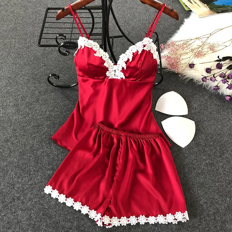 Women's Sleepwear 2 Pcs Sets Tops+Shorts Sexy White Lace Satin Sleeveless V-neck Tight Trendy Pyjama Sets