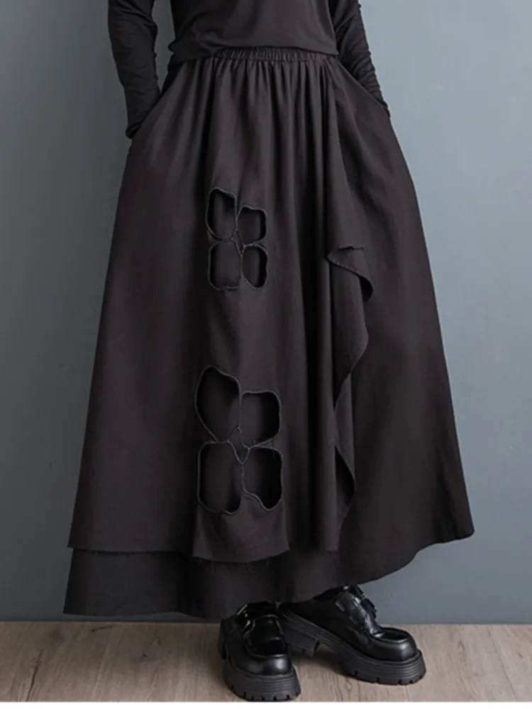 Оверсайз эластичная осенняя юбка с высокой талией женская вышивка ажурная