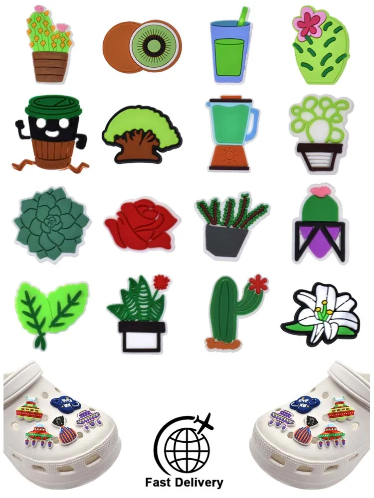 

1Pcs PVC Green Plants for Croc Charm Shoes Accessories Badge Women Clogs Buckle Kids Pins Decoration Jeans Wristbands Wholesale