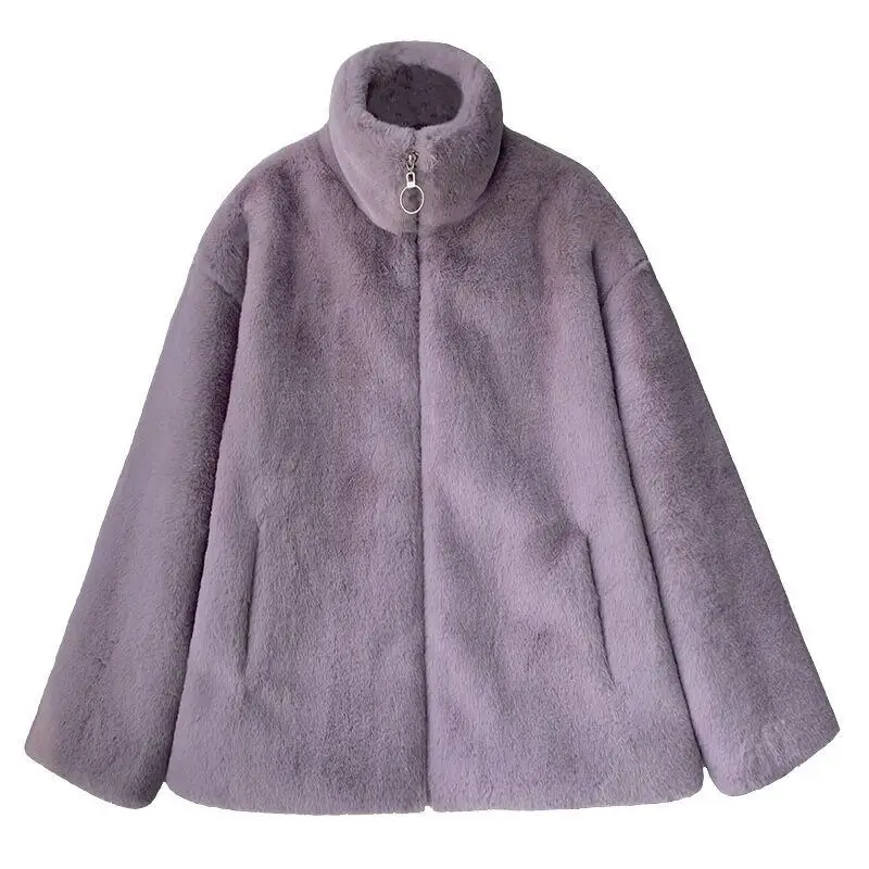 Cotton Jacket 2021 New Young Style Stand-Up Collar Imitation Rex Rabbit Fur Fashion Western Style Imitation Fur Coat Women Slim