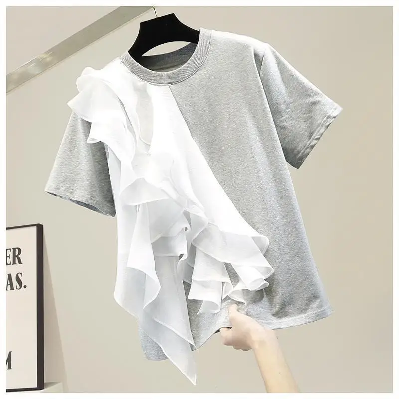 

Short-sleeved T-shirt Stitching Ruffled White Top Pullover 2022 Summer Female O-neck Fashion Casual