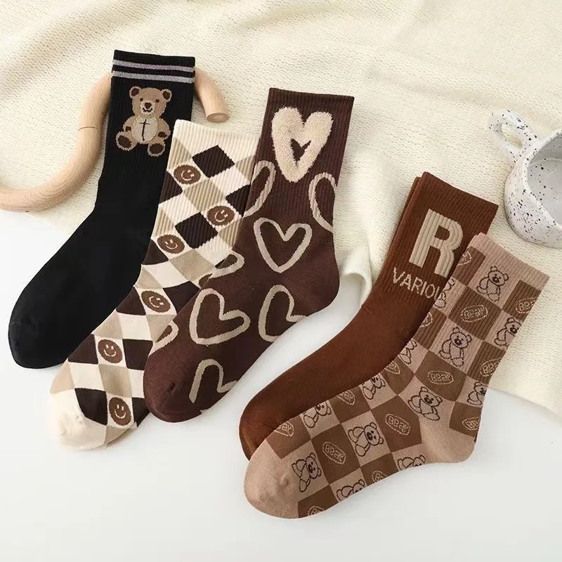 Ladies socks autumn new brown bear socks fashion Joker autumn pile socks women  cute socks  kawaii 5pairs