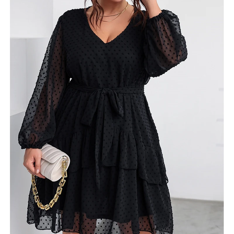 

Women Clothing Fashion Elegant Simple Design Dress Ladies Black Lace Sleeve Plus Size Chiffon Dresses
