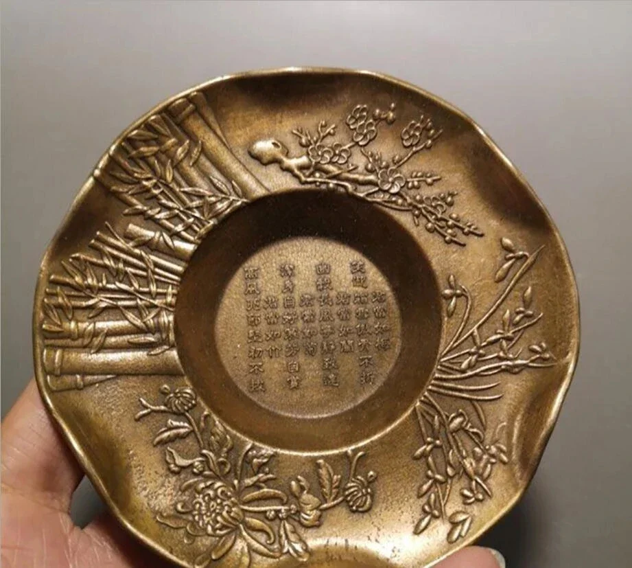 Медная статуя из чистой меди латунь тарелка бамбука Meilan с хризантемой орнамент