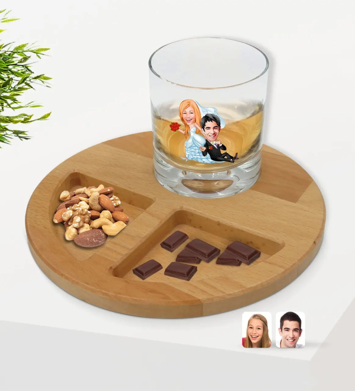 

Personalized Maried Karikatürlü Whisky Cup and Natural Solid Wood Round Presentation Tabağı Confectionary Gift Seti-2