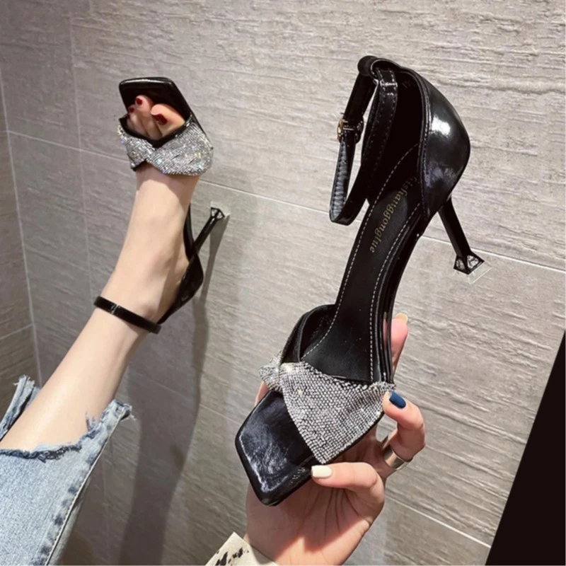 

Rhinestone Open Toe Sandals Women Summer 2022 New Fashion Designer Buckle Strap Stiletto High Heels DRESS Women's Shoes Leather