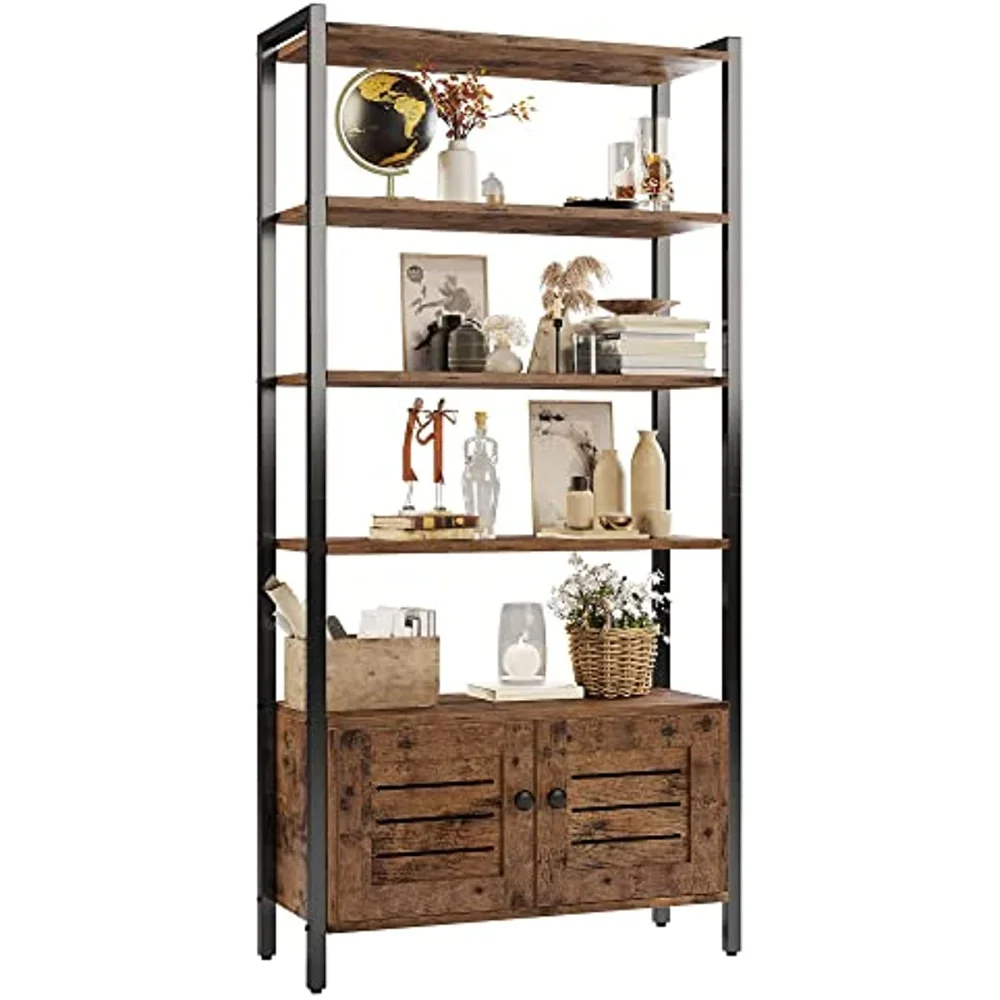 

Industrial Bookshelf and Bookcase with 2 Louvered Doors and 4 Shelves, Standing Storage Cabinet for Living Room, Home Office,