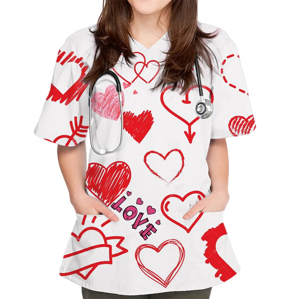Женская рабочая форма с коротким рукавом V-образным вырезом и принтом сердца