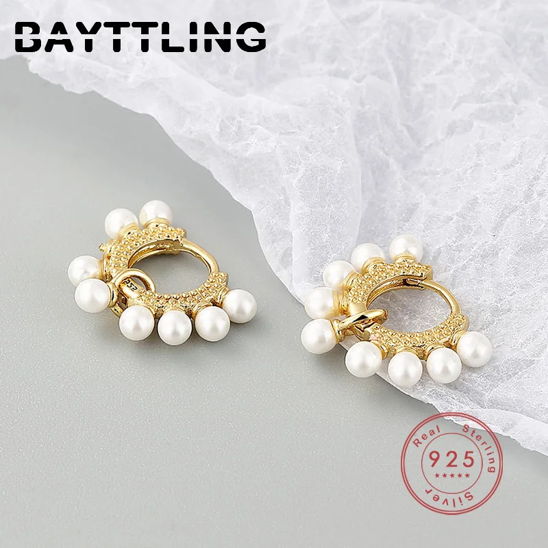 

BAYTTLING 925 Sterling Silver Temperament Vintage Pearl Hoop Earrings For Women Fashion Wedding Party Gift Jewelry