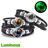 fashion luminous punk black leather bracelet adjustable tiger head animal glass cabochon bracelets for men jewelry gifts for men