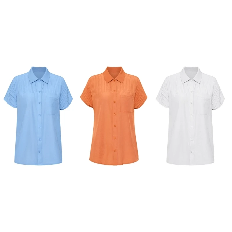 

F42F Women Lapel V-Neck Short Sleeve Tunic Shirts Button Up Plain Casual Loose Blouse