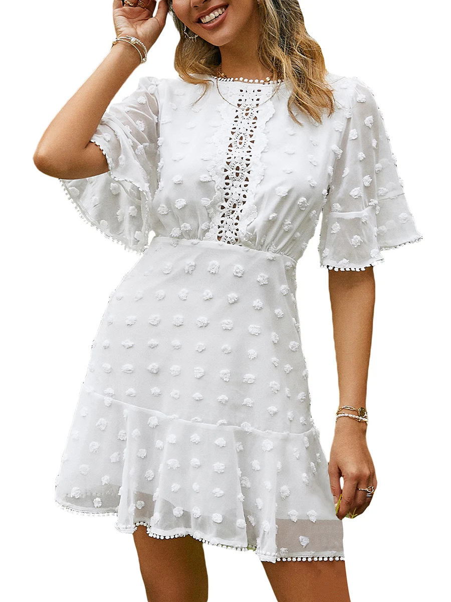 

Women s Casual bell Short Sleeve Summer Dress Solid Color Scoop Neck High Waist Ruffle Hem Sun Mini Dress