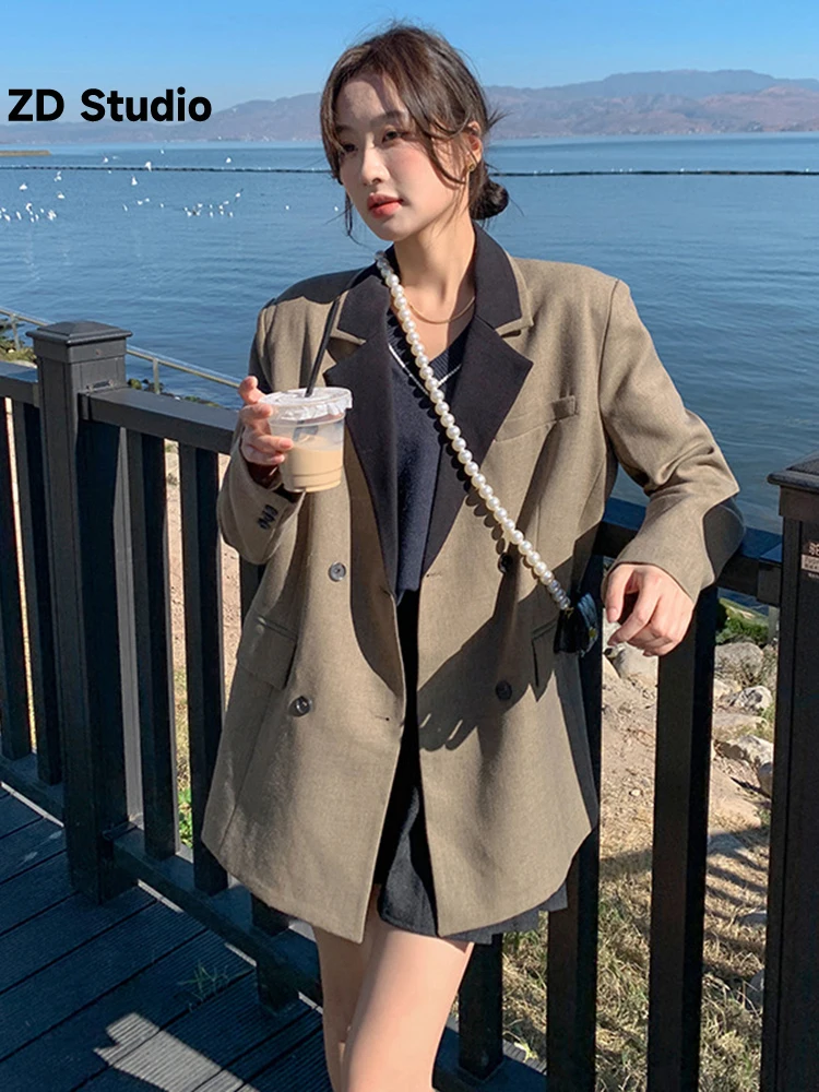 

[ZD Studio] Women's Blazers Stitching Color Notched Double Breasted Coats Office Lady Clothing 2023 Autumn
