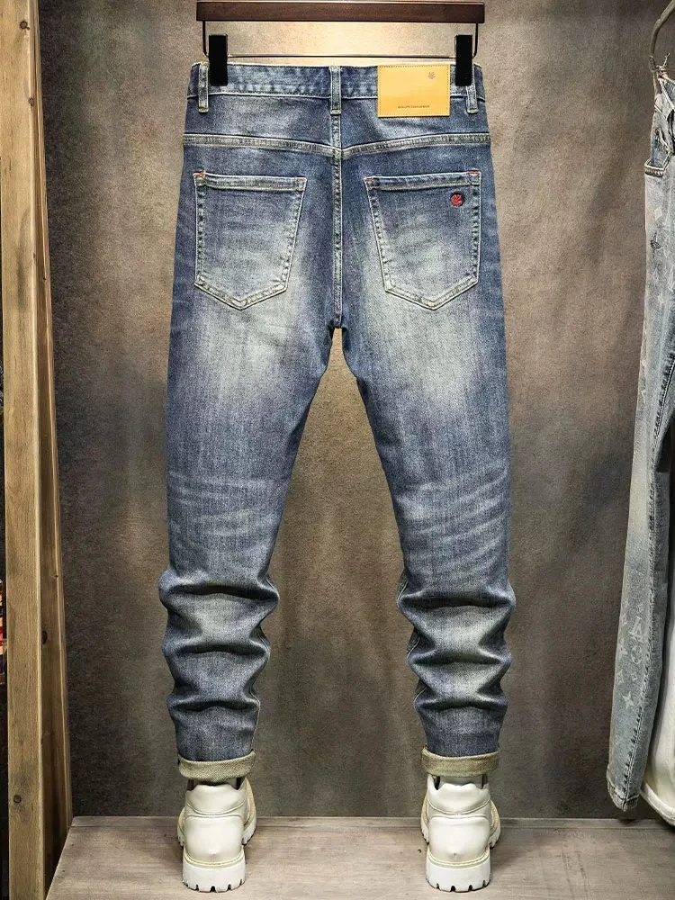 Fashion Vintage Men Jeans High Quality Retro Blue Washed Elastic Slim Fit Designer Jeans Men Casual Trousers Denim Pants Hombre