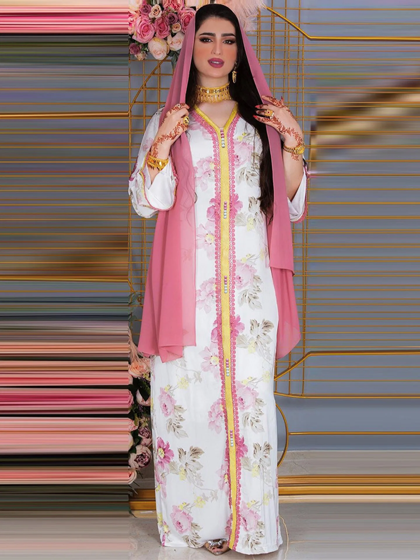 Женское платье с цветочным принтом, розовое кружевное платье в арабском стиле