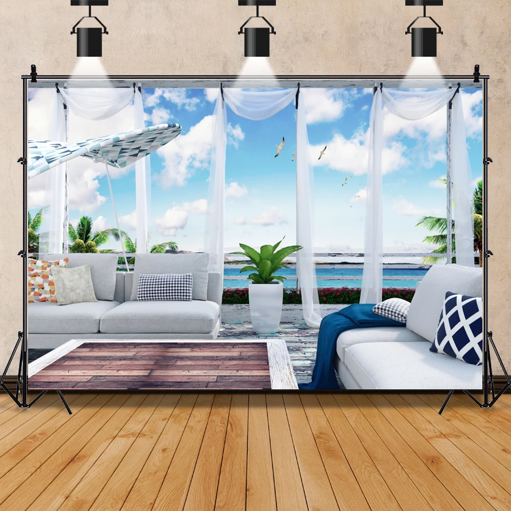 

Тропический летний дом занавеска диван голубое небо море Детский интерьер фотография Фон фотофоны фотосессия Фотостудия