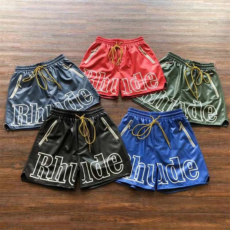 

Y2k Leather Embroidered Rhude Logo Shorts Men Women Best Quality Drawstring Breeches