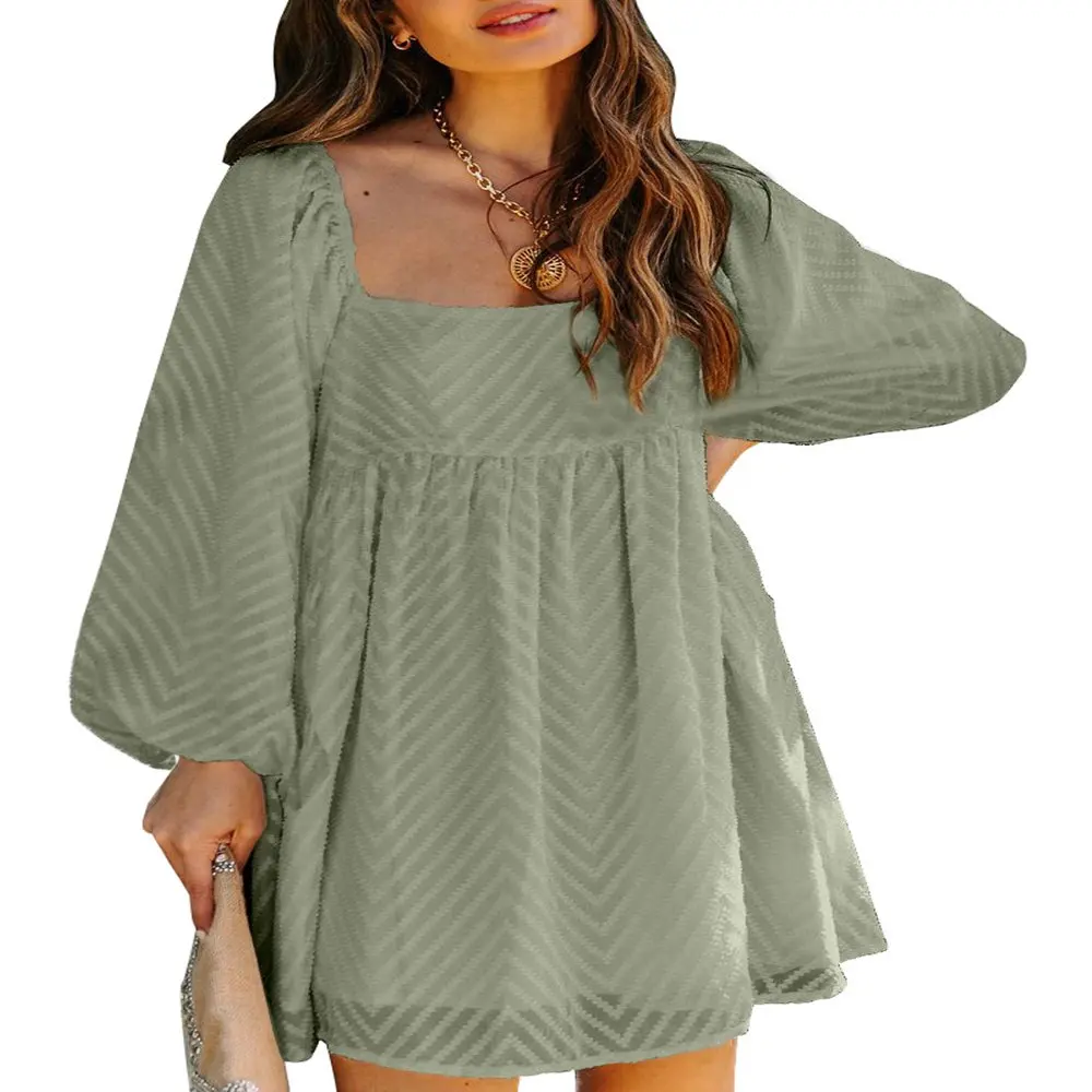 

free shipping Women`s Casual Dress Square Neck Bubble Long Sleeve Dress Textured Print Loose Flowy Swing Babydoll Dress S-XL