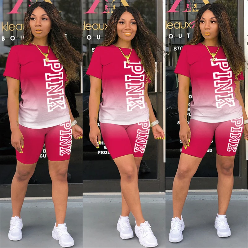 

Plus Size Two Piece Tracksuit for Women Pink Letter Print Set T-shirt Shorts Two Piece Casual Skinny Sportswear Outfits Gradient
