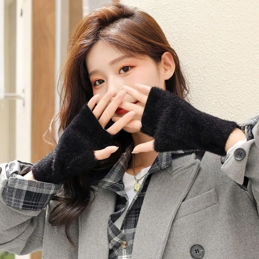 

Sweet For Girls Driving Knitted Autumn Cycling Workout Faux Mink Women Mittens Half Finger Gloves Wrist Arm Warmer