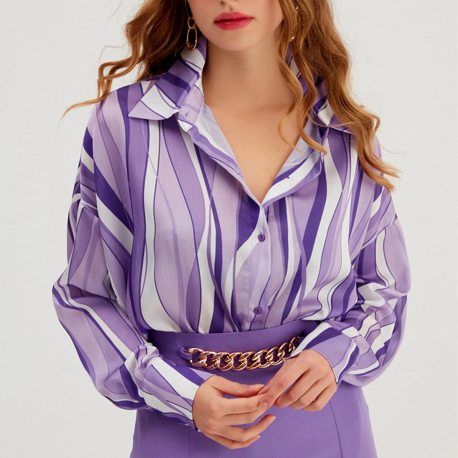 

Women Elegant Shirts Fashion Lapel Single Breasted Long Sleeve Female Fashion Commute Chic Clothes Vertical Stripe Blouses Shirt