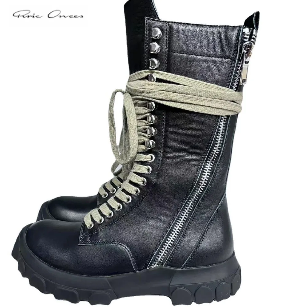 

Ro Men's Women's Genuine Leather Double Zipper Thick Bottom Round Toe Knight Boot Couple Style Platform Shoes Cowboy Boots