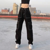 casual pocket decor straight jeans women trendy hip hop style high waust relaxed fit wide leg denim trousers 2021 new streetwear