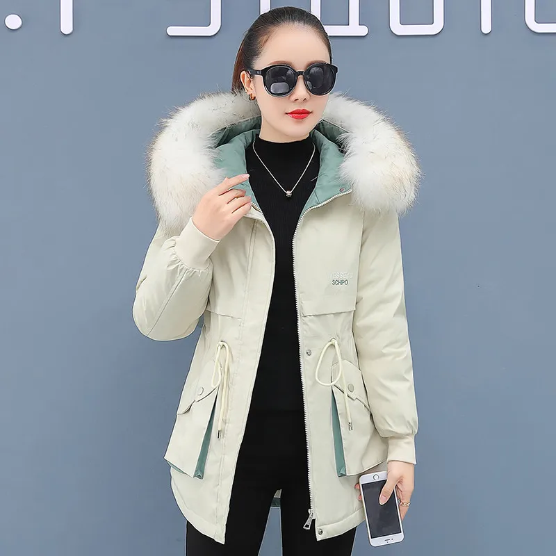 Autumn Winter New Women Parka Cotton Clothing Design Mid-length Down Jacket Plus Velvet Warm Big Fur Collar Solid Color Coats