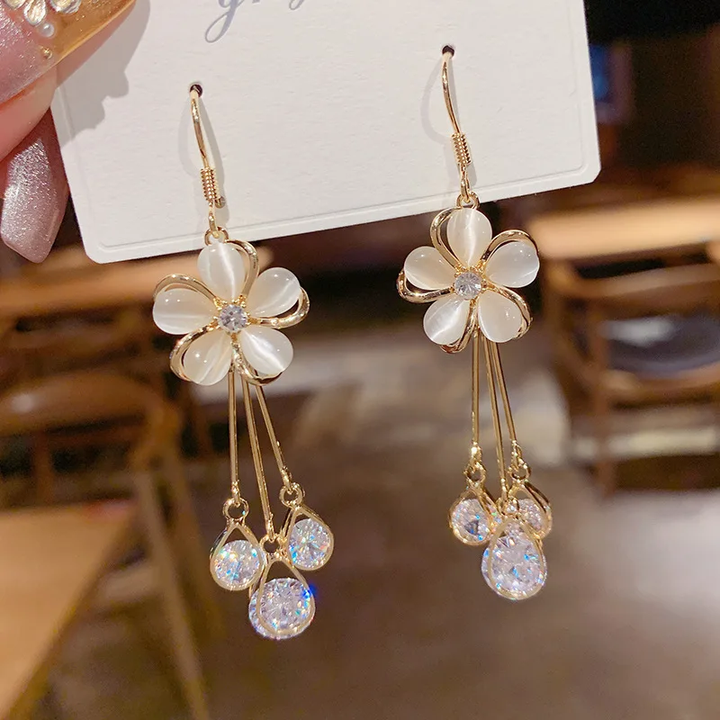 

Exquisite Opal Flower Tassel Earring For Women Shiny Rhinestone Inlaid Zircon Water Drop Earring Girls Party Temperament Jewelry