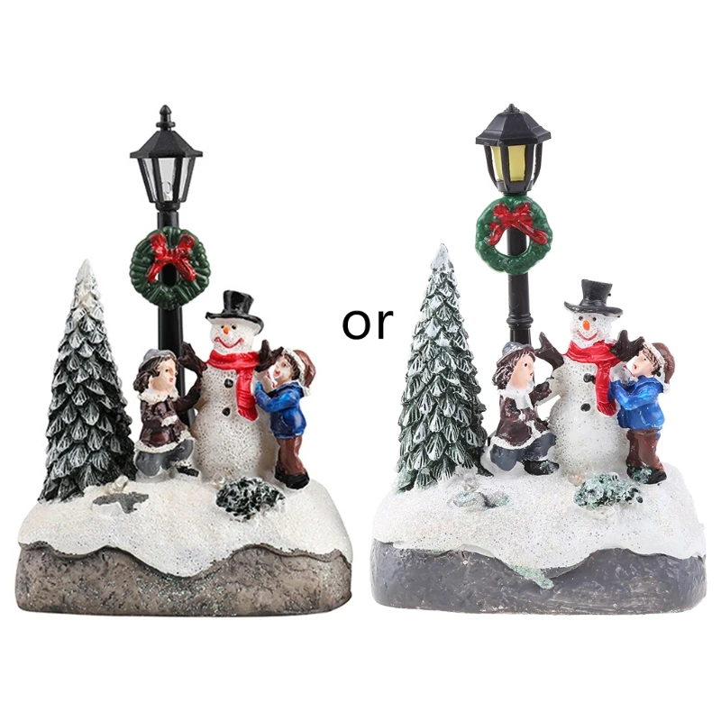 

Christmas Village Scene Xmas Tree Snowman Resin Ornament with LED Light Statue