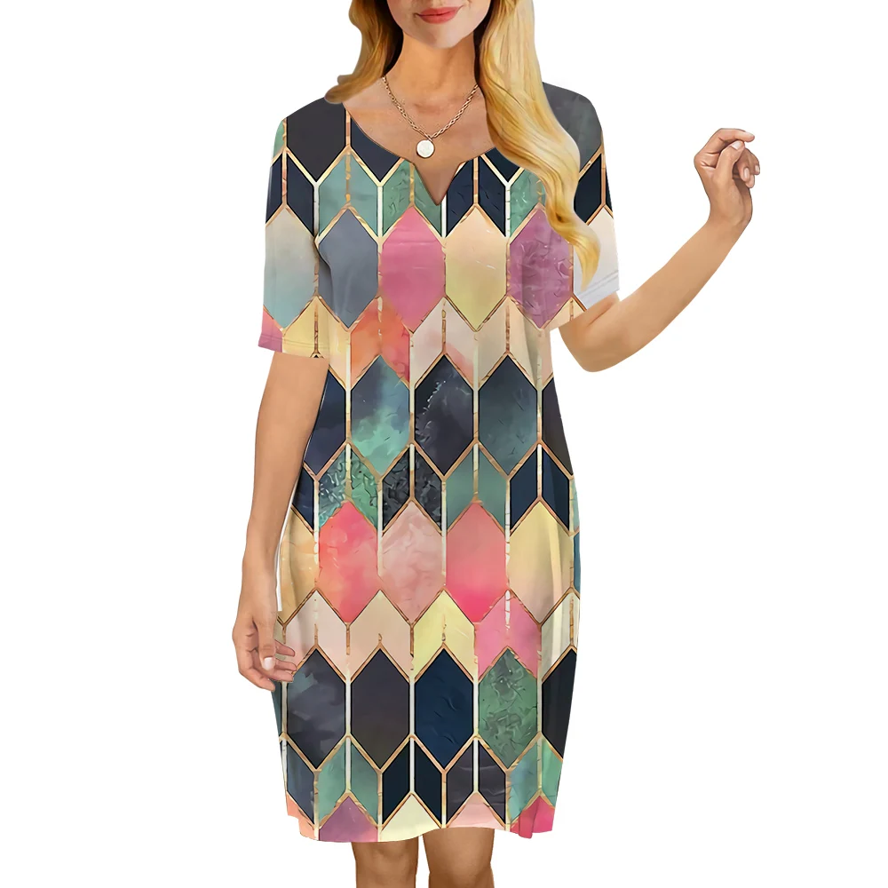 

CLOOCL Women Dress Geometric Patterns 3D Printed V-Neck Loose Casual Short Sleeve Shift Dress for Female Dresses