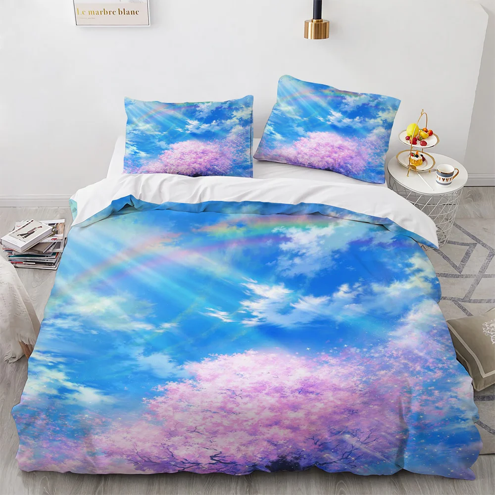 

Sky Duvet Cover Set Cloud Rainbow Cherry Blossom Element Romantic Theme King Size Polyester Comforter Cover for Kid Girl Women