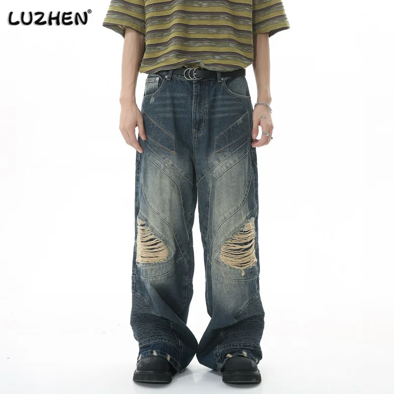 

LUZHEN 2023 Personality Wornout Patched Design Men's Casual Jeans Straight Wide Leg High Street Fashion Male Denim Pants 202251