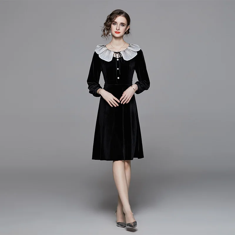 

Spring and Summer Women's New High-end Temperament French Ruffle Collar Long-sleeve Embroidered Sequin Mesh Fashion Dress