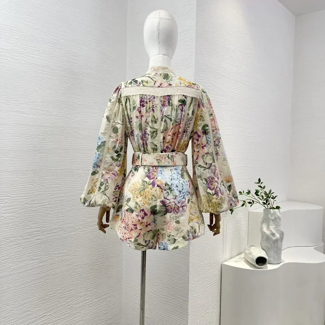 2024 Высококачественный хлопок и лен с цветочным принтом длинным рукавом