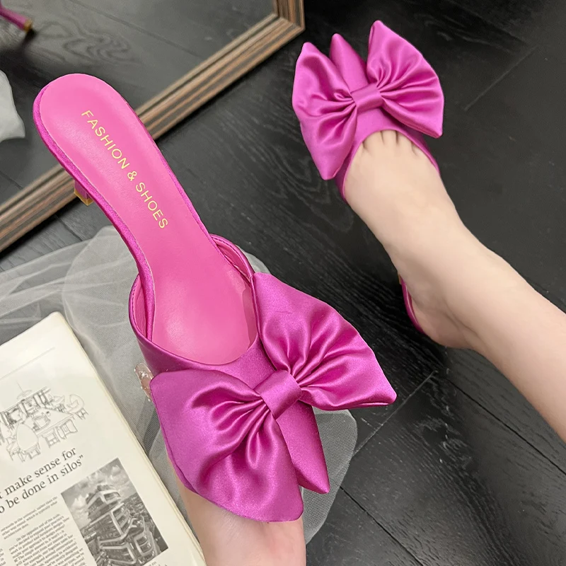

2023 Women Bow High Heels Slippers Sexy Sandals Mules Shoes Summer New Designer Flip Flops Pointed Toe Pumps Women Shoes Slides