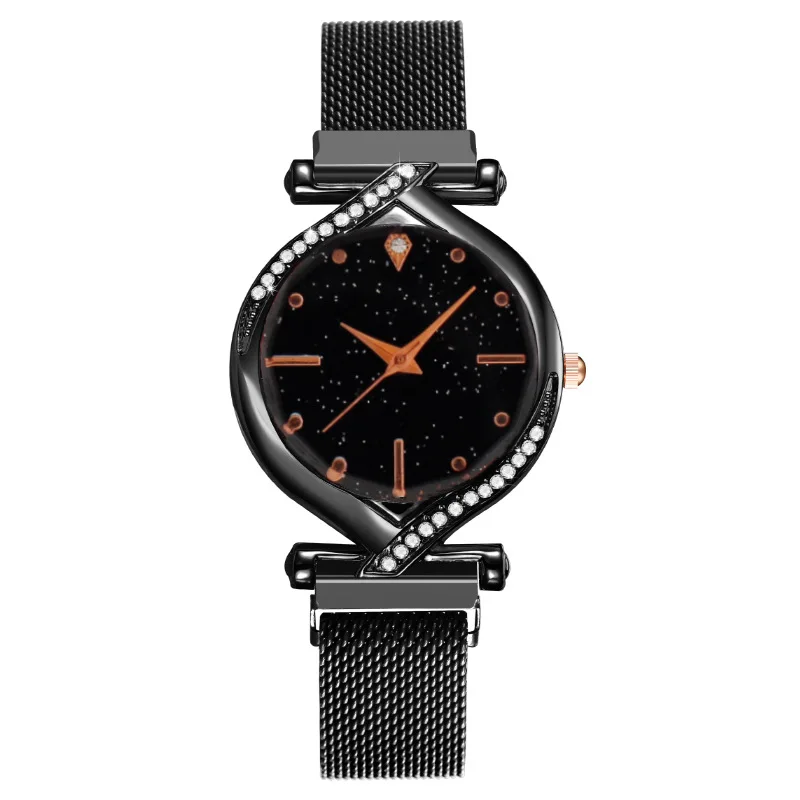 

Fashion Round Quartz Rhinestone Dial Casual Wrist Watches Stainless Net Strap Fashionable Clock Waterproof Wristwatch for Women