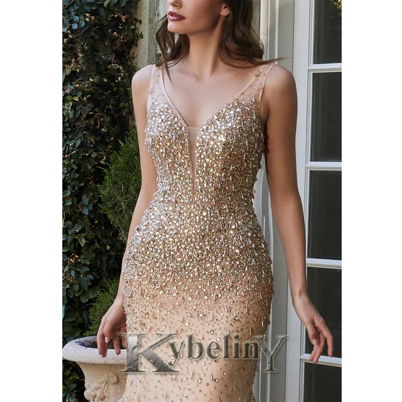 

Champagne Evening Dresses Sparkly Rhinestones V-Neck Mermaid Prom Robe De Soiree Graduation Celebrity Vestidos Fiesta Women