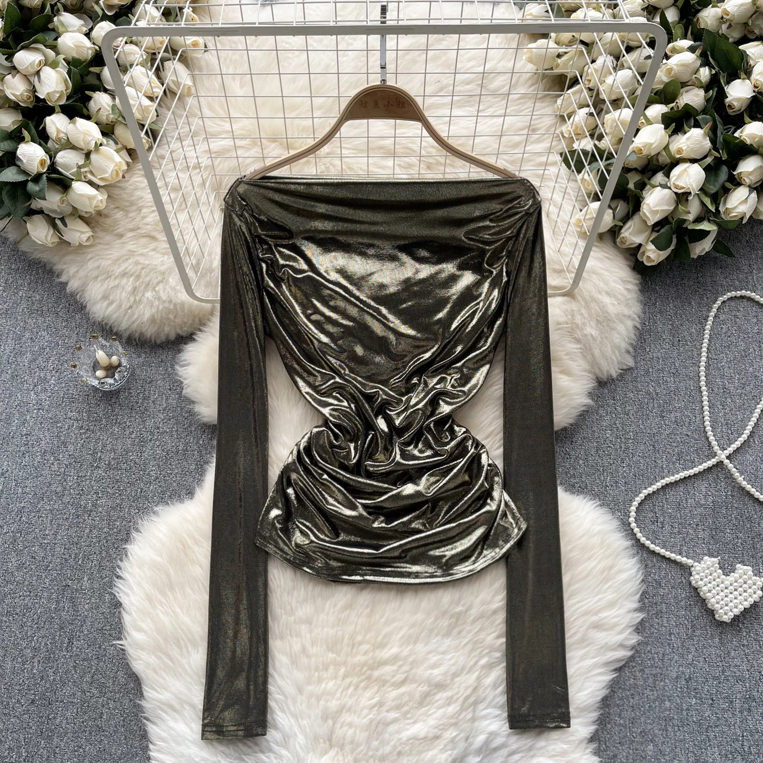 

Chic Long Sleeve Folds Elegant French Fashion Sexy Shirt Spring Autumn Women Crop Top Slash neck