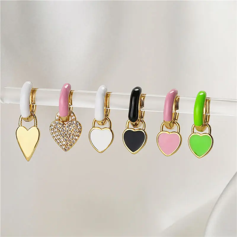 

HECHENG,Charm Enamel Color Heart Huggie Hoop Earrings for Women Fashion CZ Pendants Hoop Earrings Girls Gift Wholesale